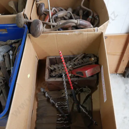 2 boxes hand drills, auger bits