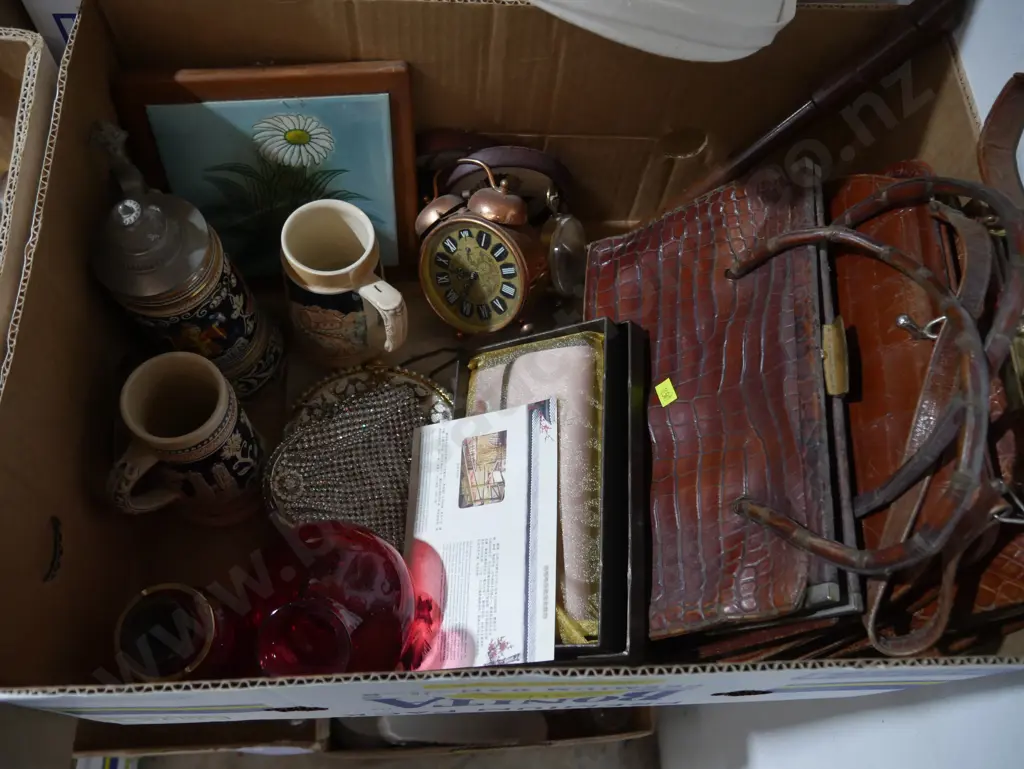 Old handbags, copper alarm clock etc Image 1++
