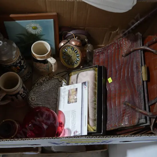 Old handbags, copper alarm clock etc