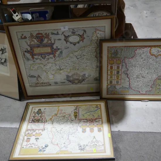 Framed maps of England, etching