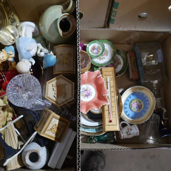 Two boxes of ornaments etc