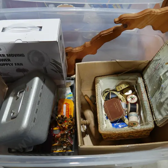 Woodware, sewing box, leaver moving power supply fan etc