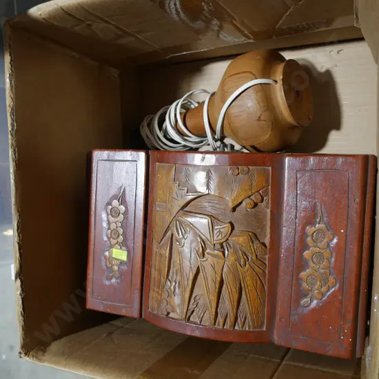 Wooden table lamp and wooden carved box