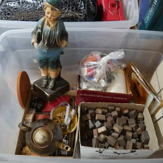 Assorted stamps, plaster figurine etc