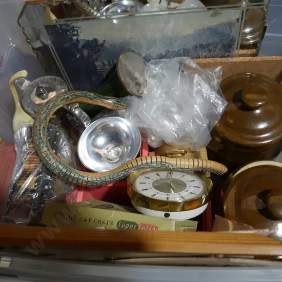 Picture mirror, pottery lidded jars, wooden snake etc