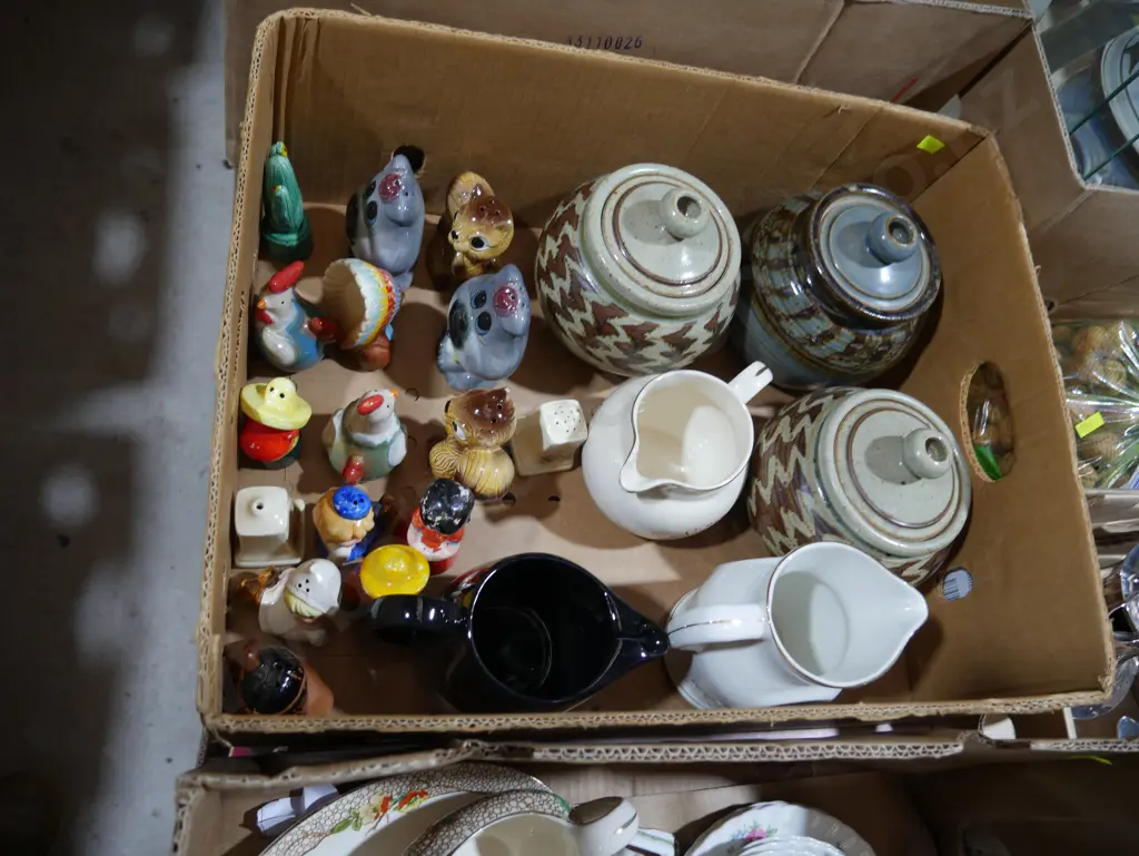 Pottery lidded jars, figurine salt and peppers etc Image 1++