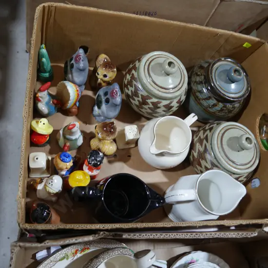 Pottery lidded jars, figurine salt and peppers etc