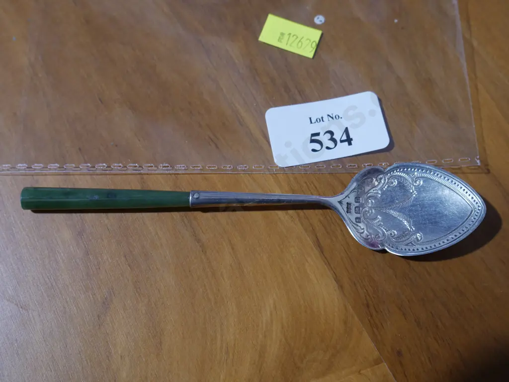 Sterling silver spoon, greenstone handle Image 1++