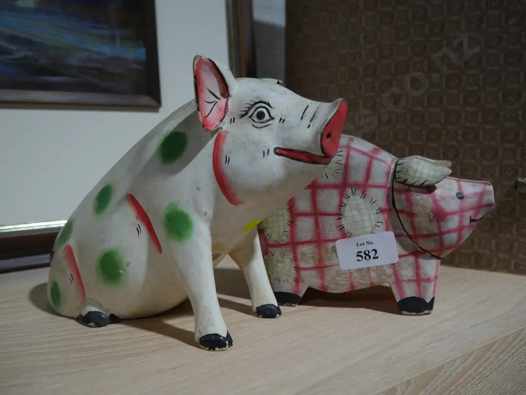 2 wooden painted pig ornaments Image 1++