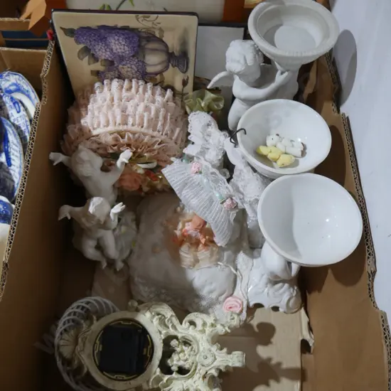 Cherub pedestals, clock, artworks etc