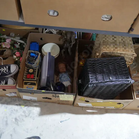 Boxes of glassware, baskets etc