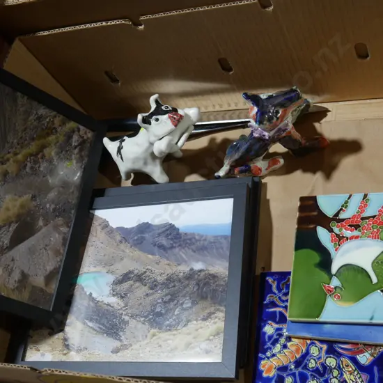 Framed mountain photographs, tile artworks etc