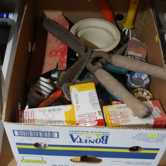 Box of garden tools, lightbulbs etc