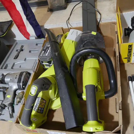 Ryobi blower, hedge trimmer, batteries and charger