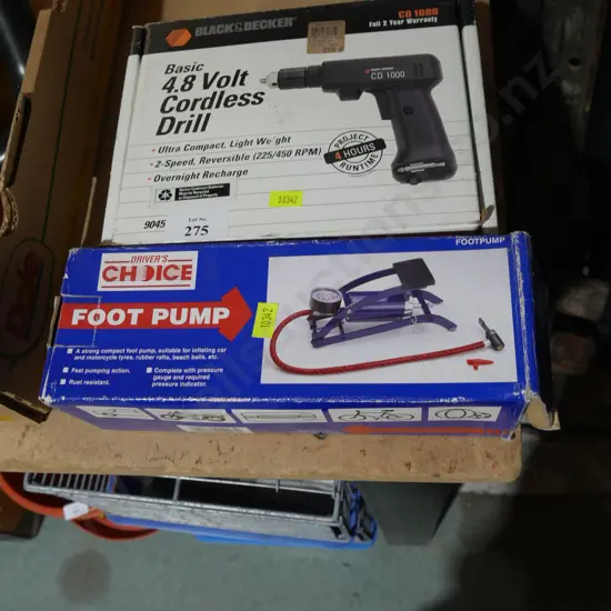 Black and Decker cordless drill and foot pump