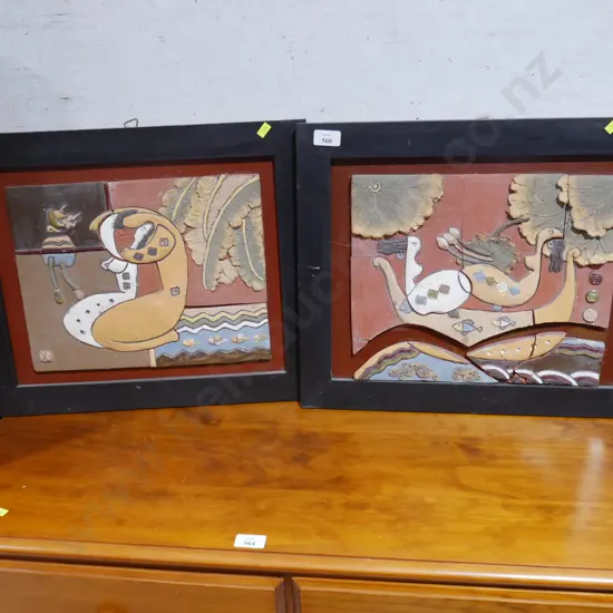 2 abstract relief panel artworks