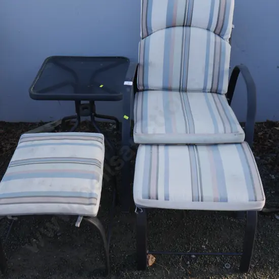 Outdoor chair, table and 2 stools