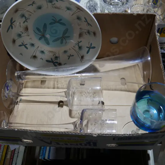 Tall stemmed glass candle holders, bowl etc
