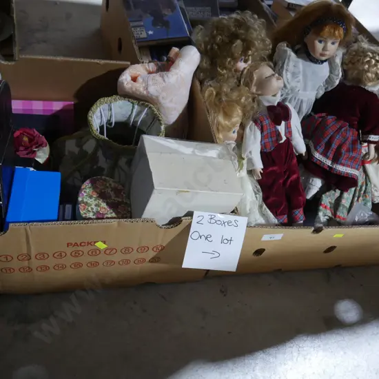 2 boxes of dolls etc