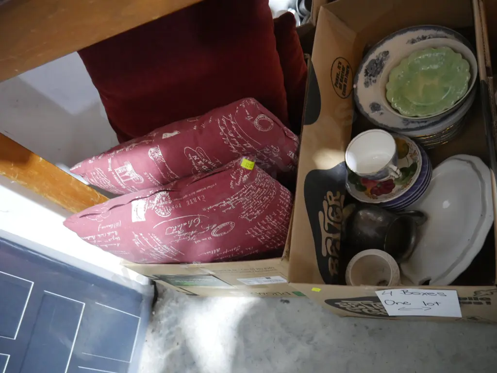 4 boxes of China, cushions etc Image 1++