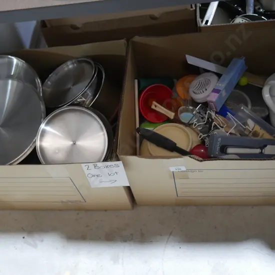 Two boxes of pots etc