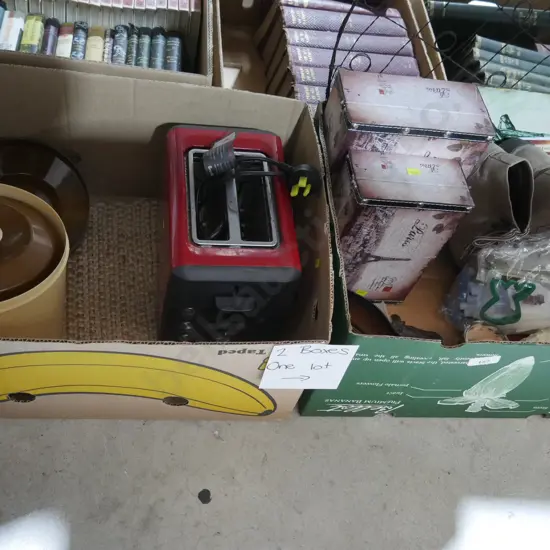 Two boxes of kitchenware etc