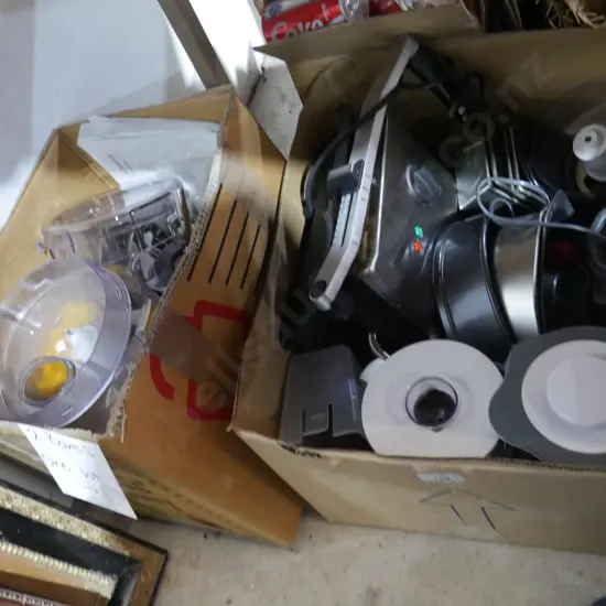 Two boxes of kitchen appliances etc