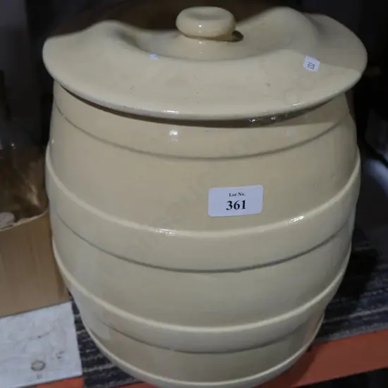 Stoneware lidded barrel storage crock