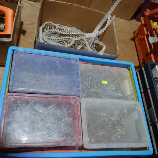 Crate and box of nails and screws