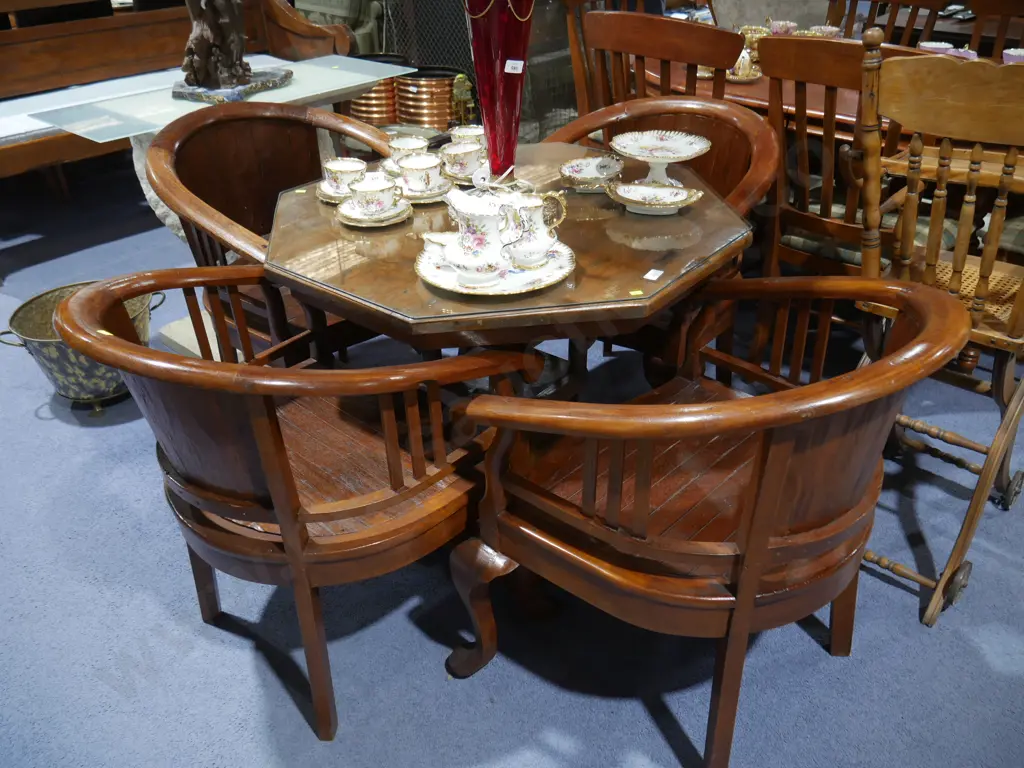 Octagonal wooden table and 4 wooden tub dining chair Image 1++