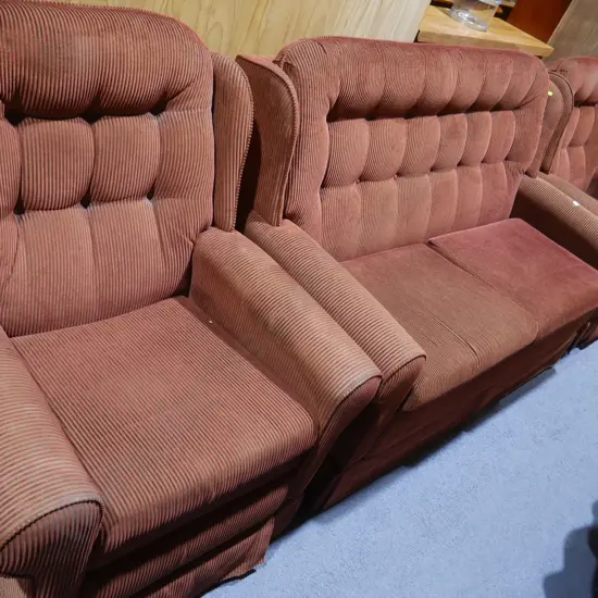 Red fabric three piece lounge suite