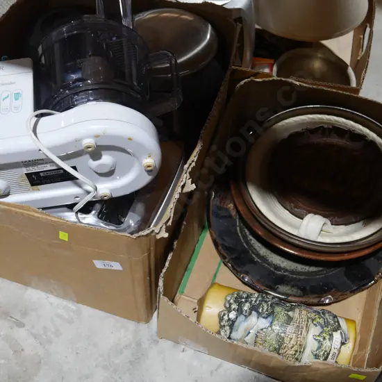 Pottery , kitchen appliances,2 boxes