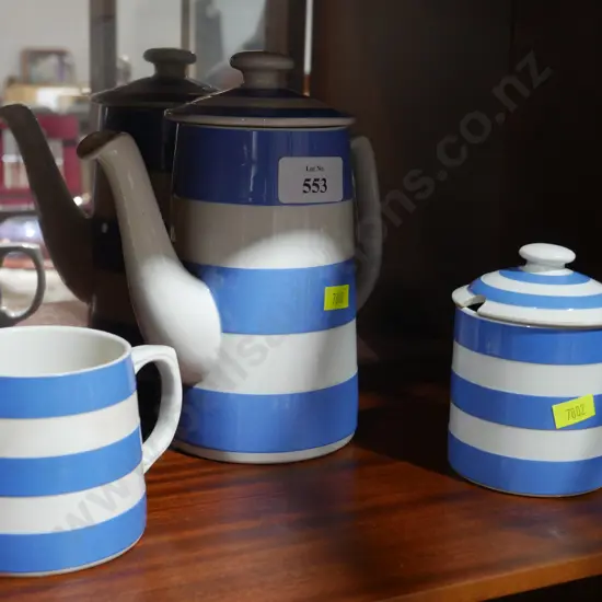 Cornish Ware teapot, jug , sugar bowl
